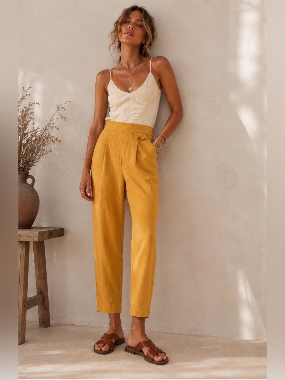 Vintage Linen Blend High Rise Tapered Pants | Boho Coastal Chic, Size 8